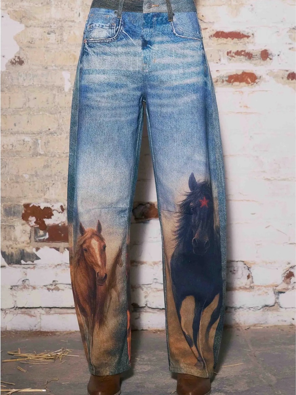 Denim washed horse equestrian print boho wide leg western flare bohemian jeans